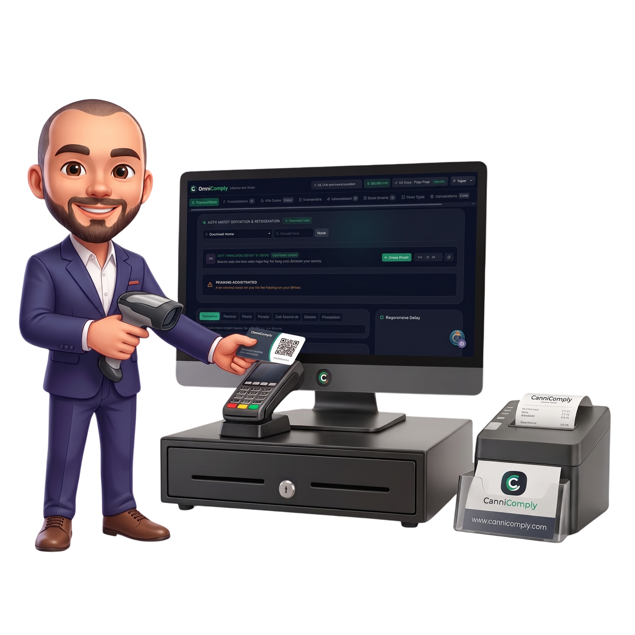 CanniComply Europe cannabis club system hardware counter setup with RFID card access, POS scanner and member receipt printer