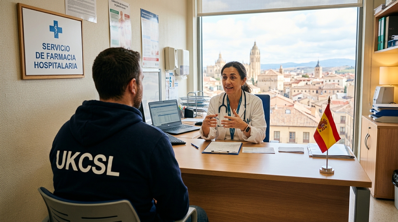 UKCSL casework specialist in clinical consultation with Spanish hospital doctor at Servicio de Farmacia Hospitalaria